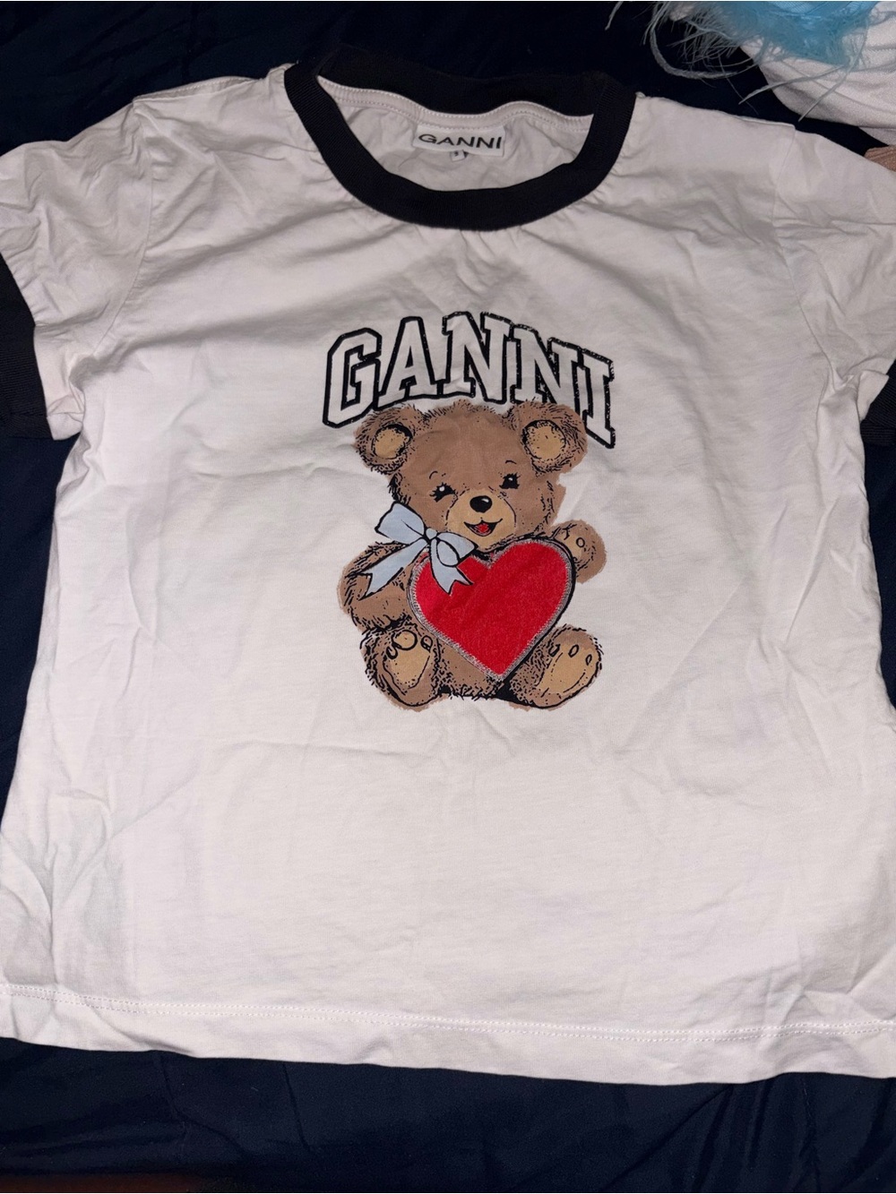 Ganni White Kids Tee with Black Trim and Red Heart Teddy